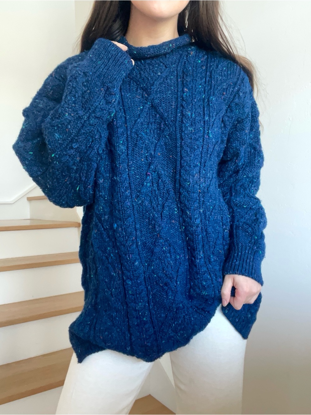 Vintage Irish Homecraft 100% Wool Blue Rollneck Cable Knit Fisherman Sweater